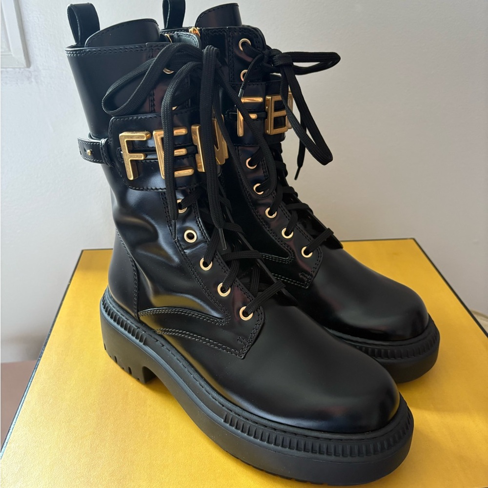 Fendi Black and Gold Combat Boots